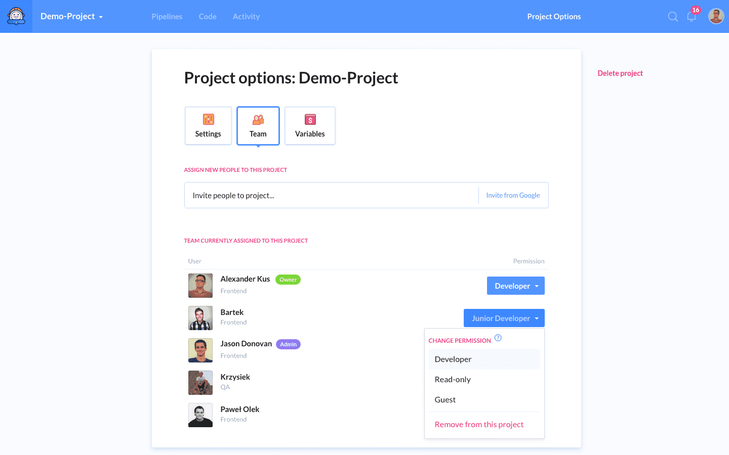 Defining permissions in project