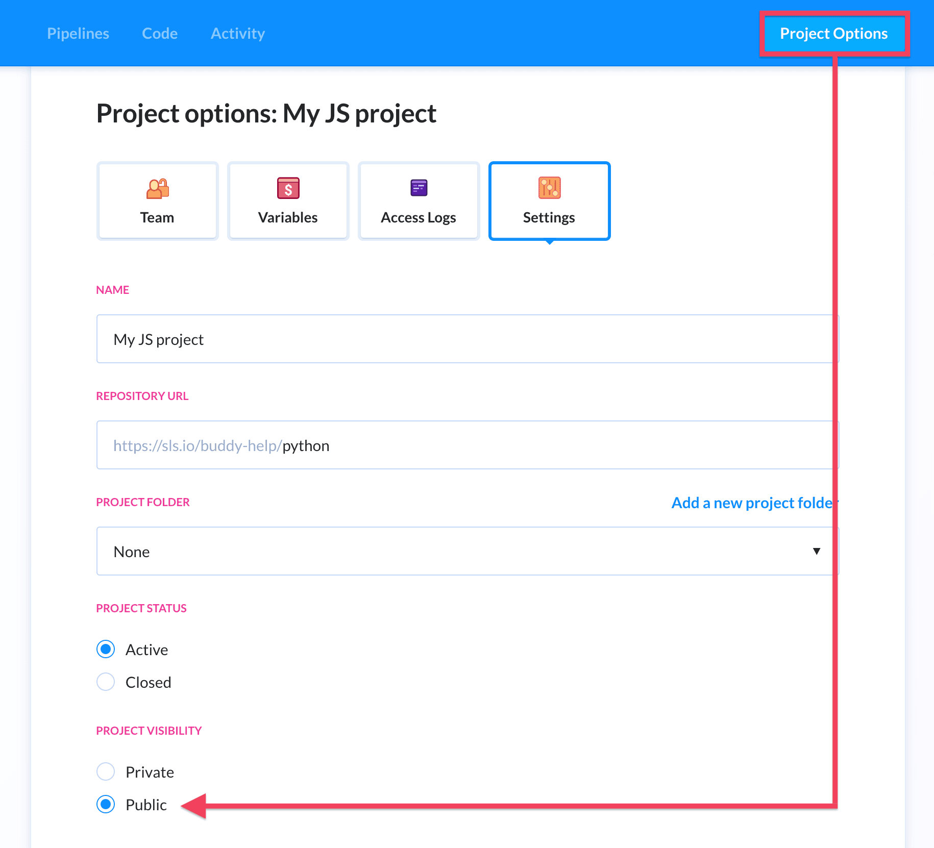 Project visibility settings