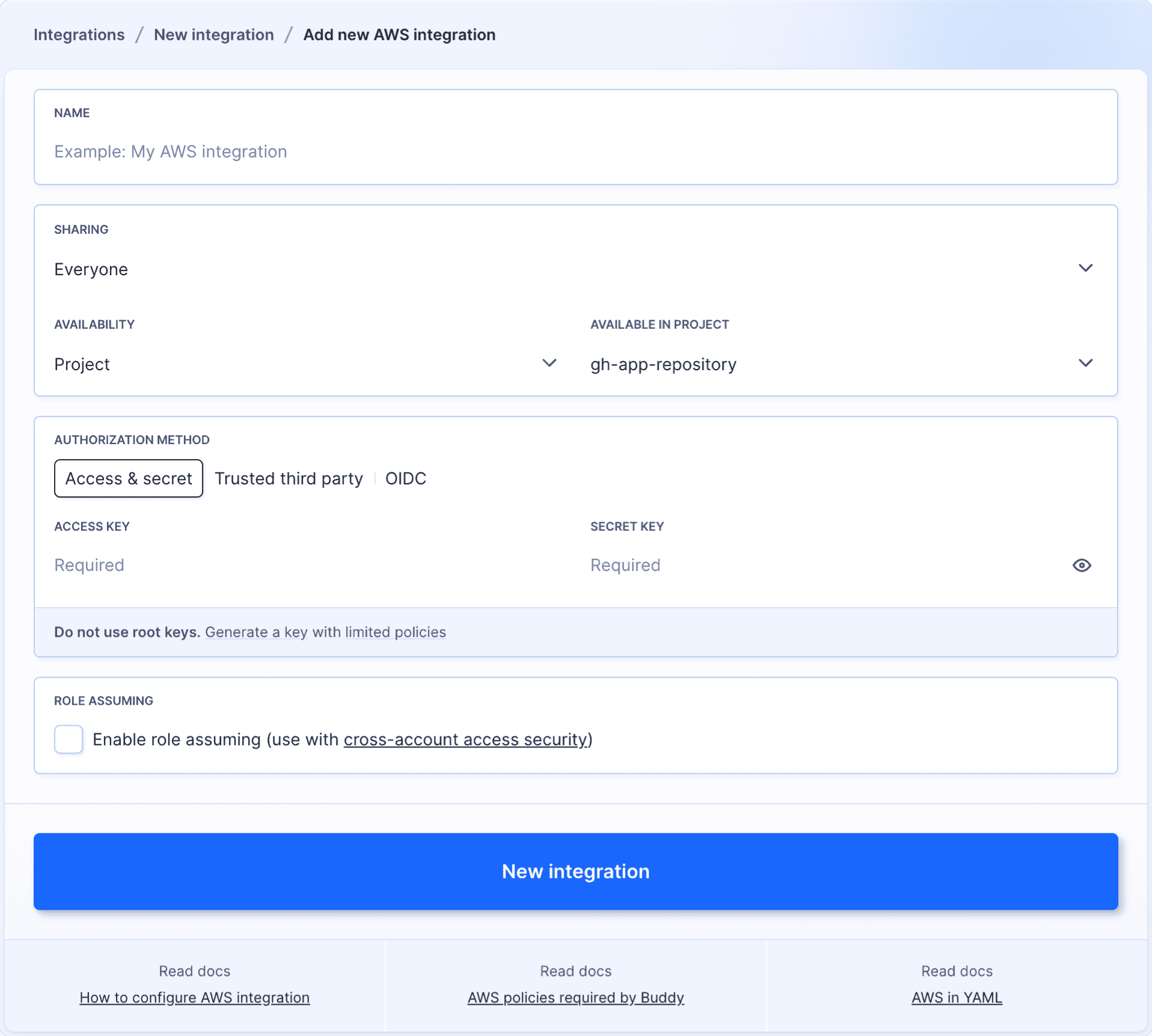 Integration configuration panel