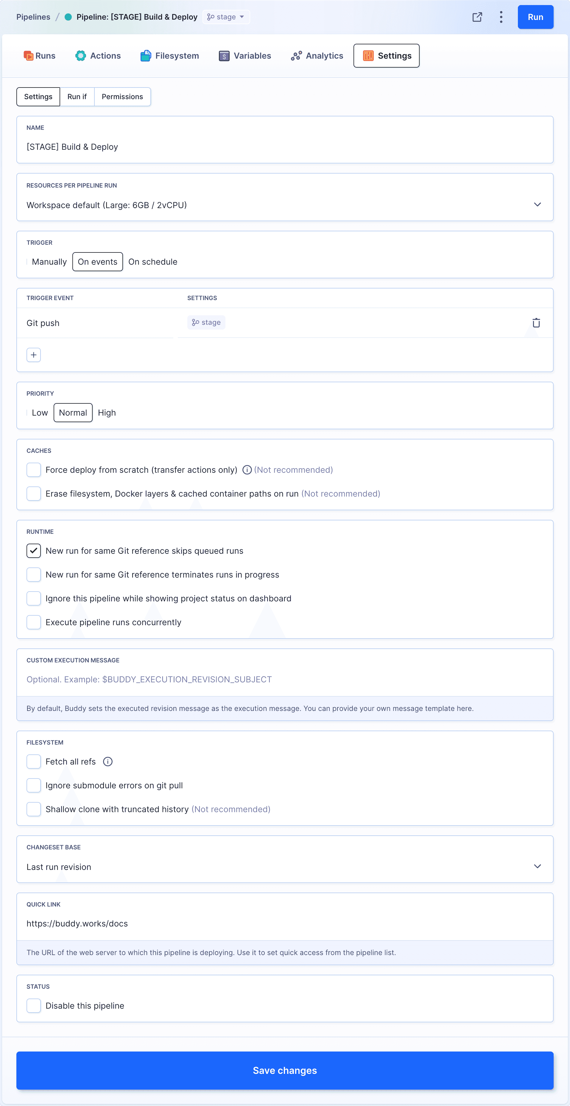 Pipeline settings