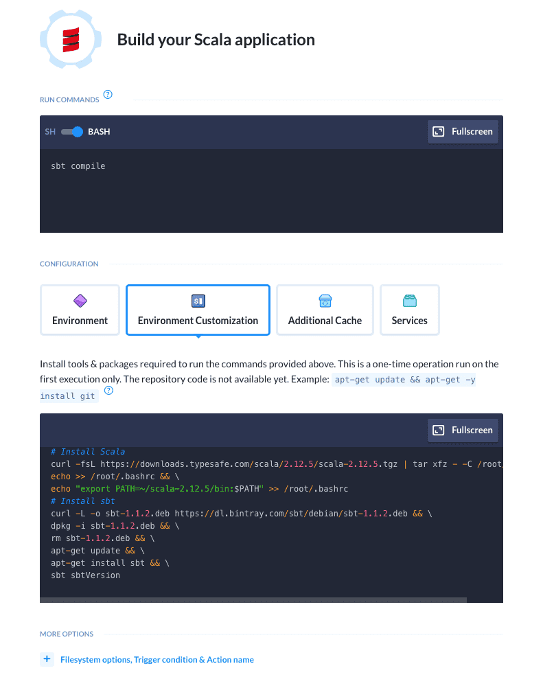 Scala action environment customization