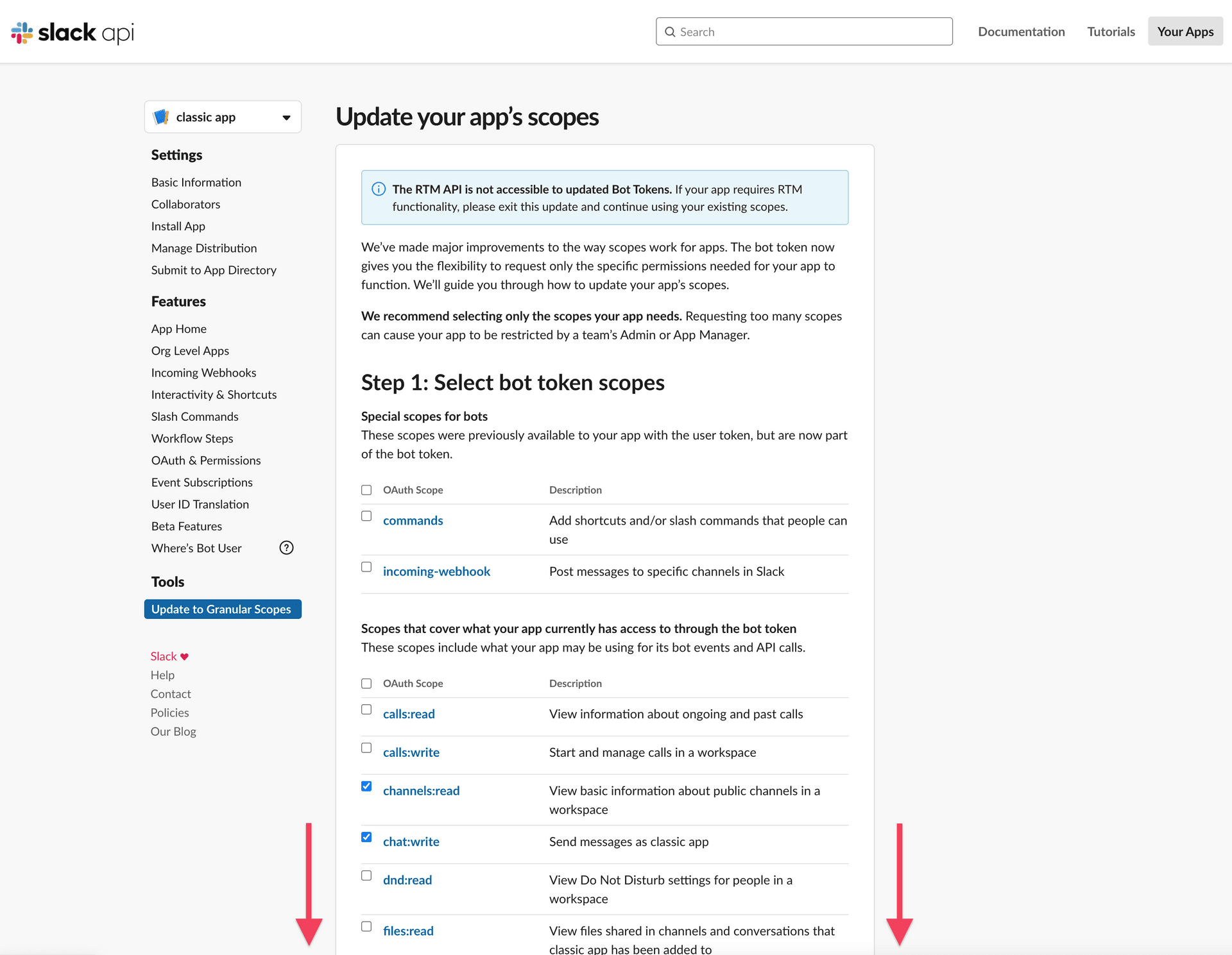 Updating app scopes