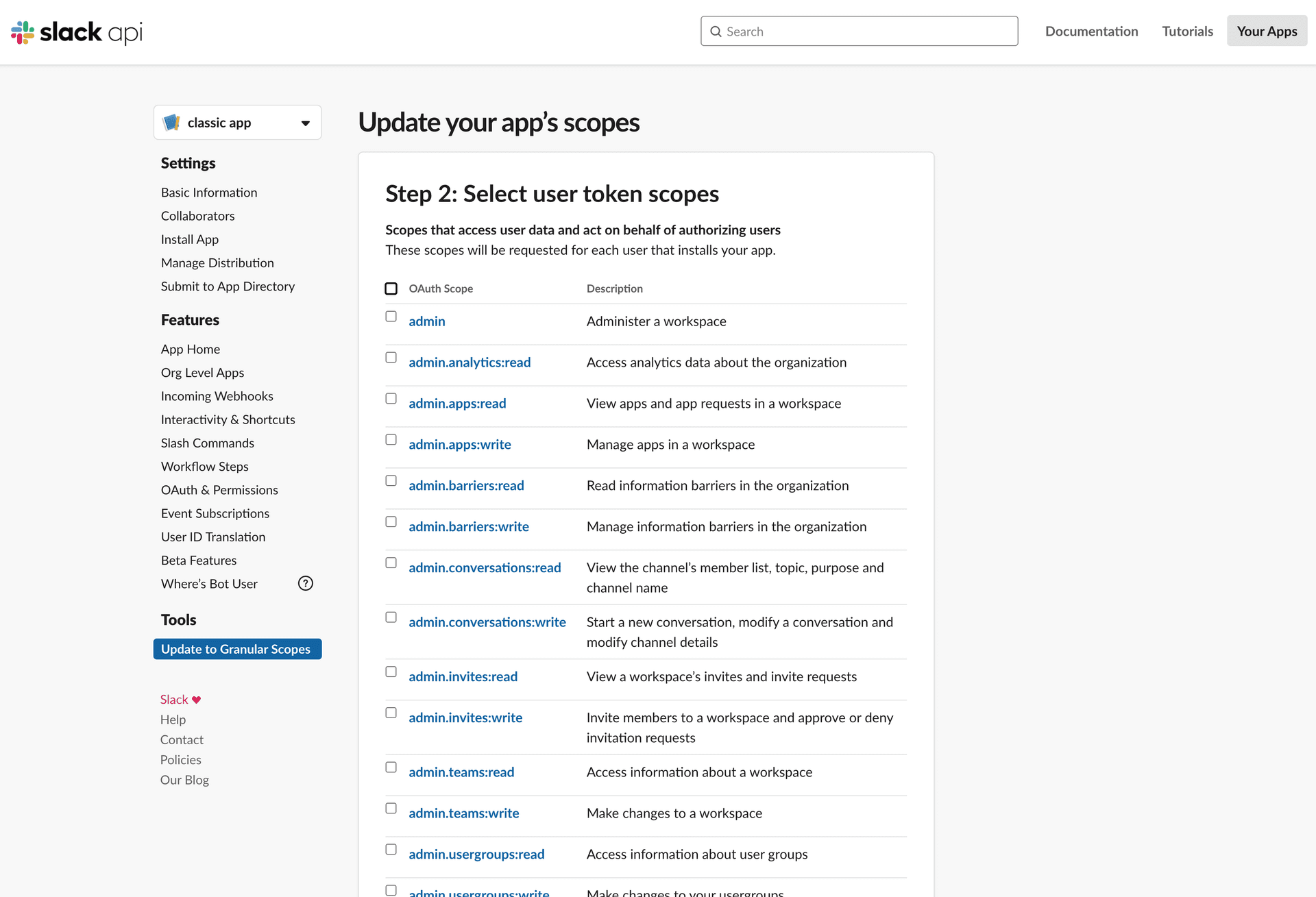 User token scopes