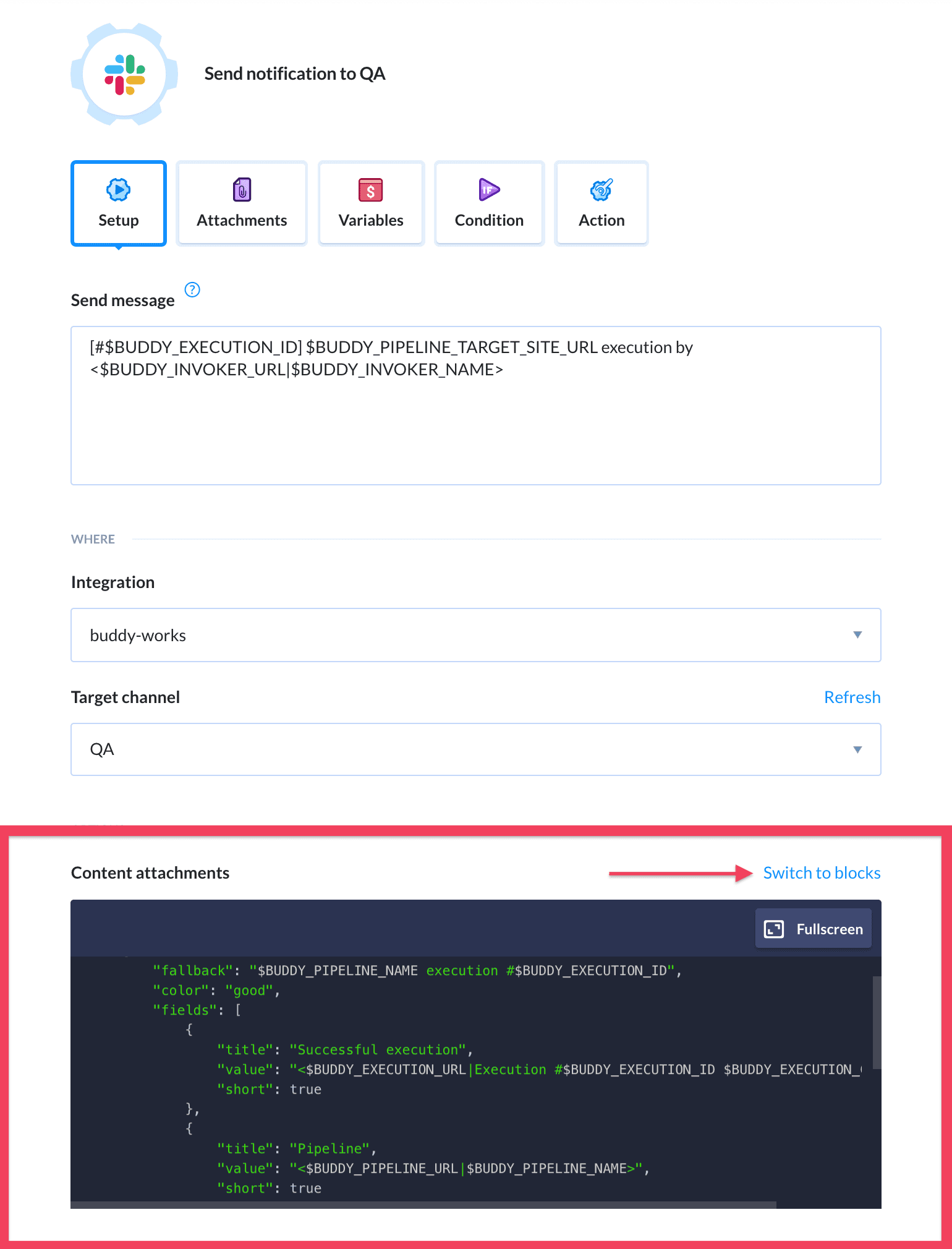 Slack action details with layout switch