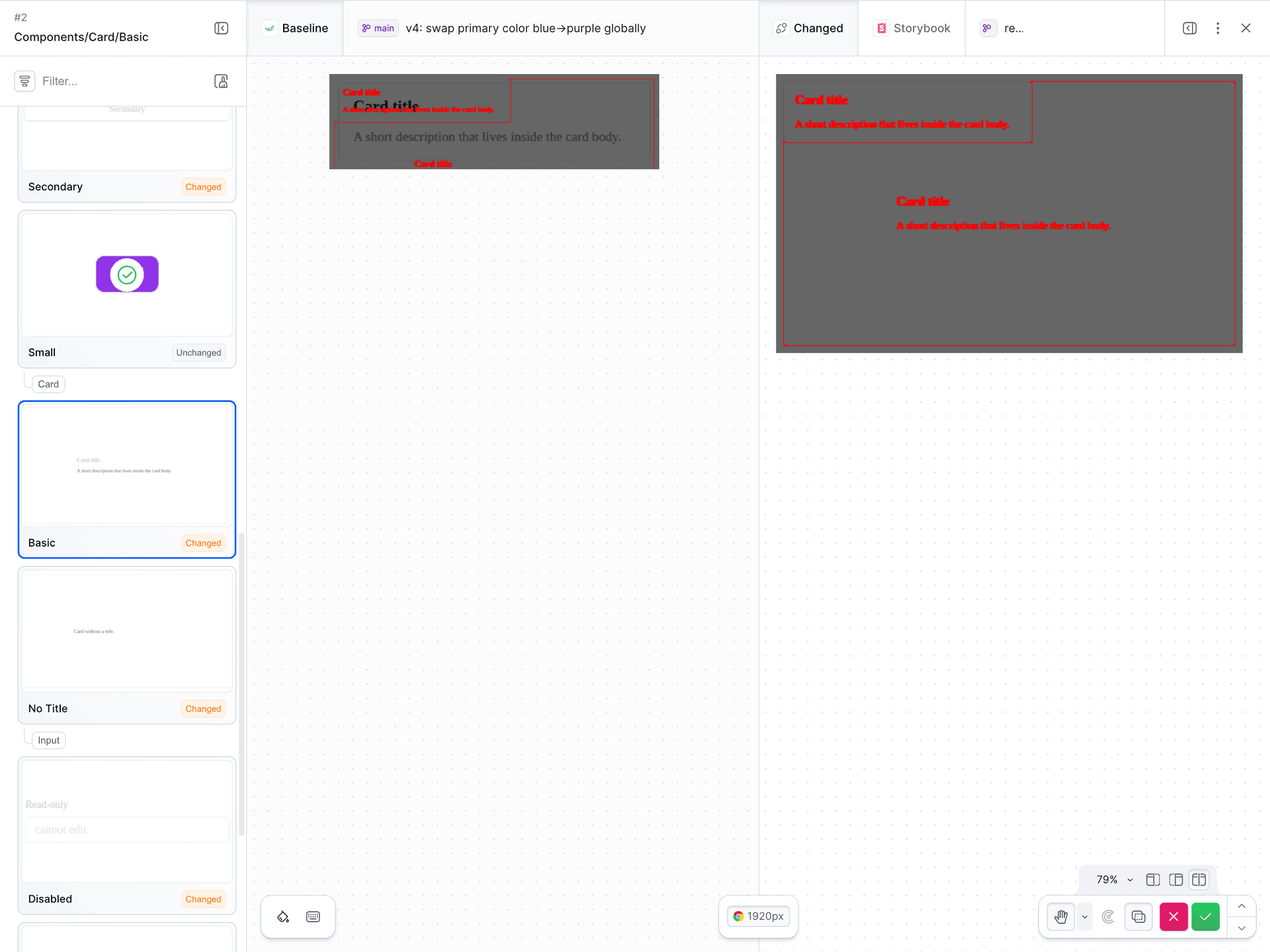 Show differences mode highlighting the changed regions in red across multiple stories