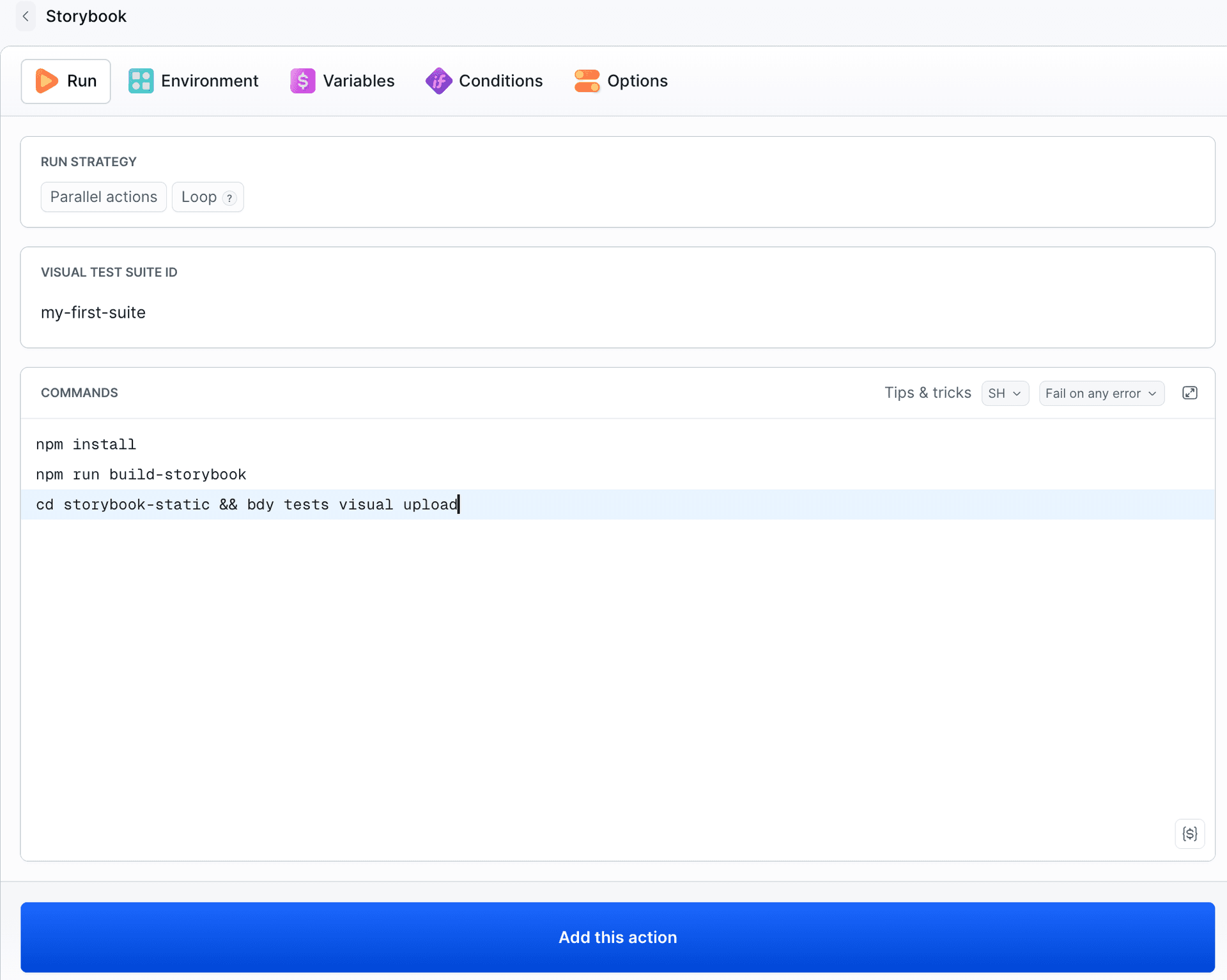 The Storybook action configuration with a Visual Test Suite selected