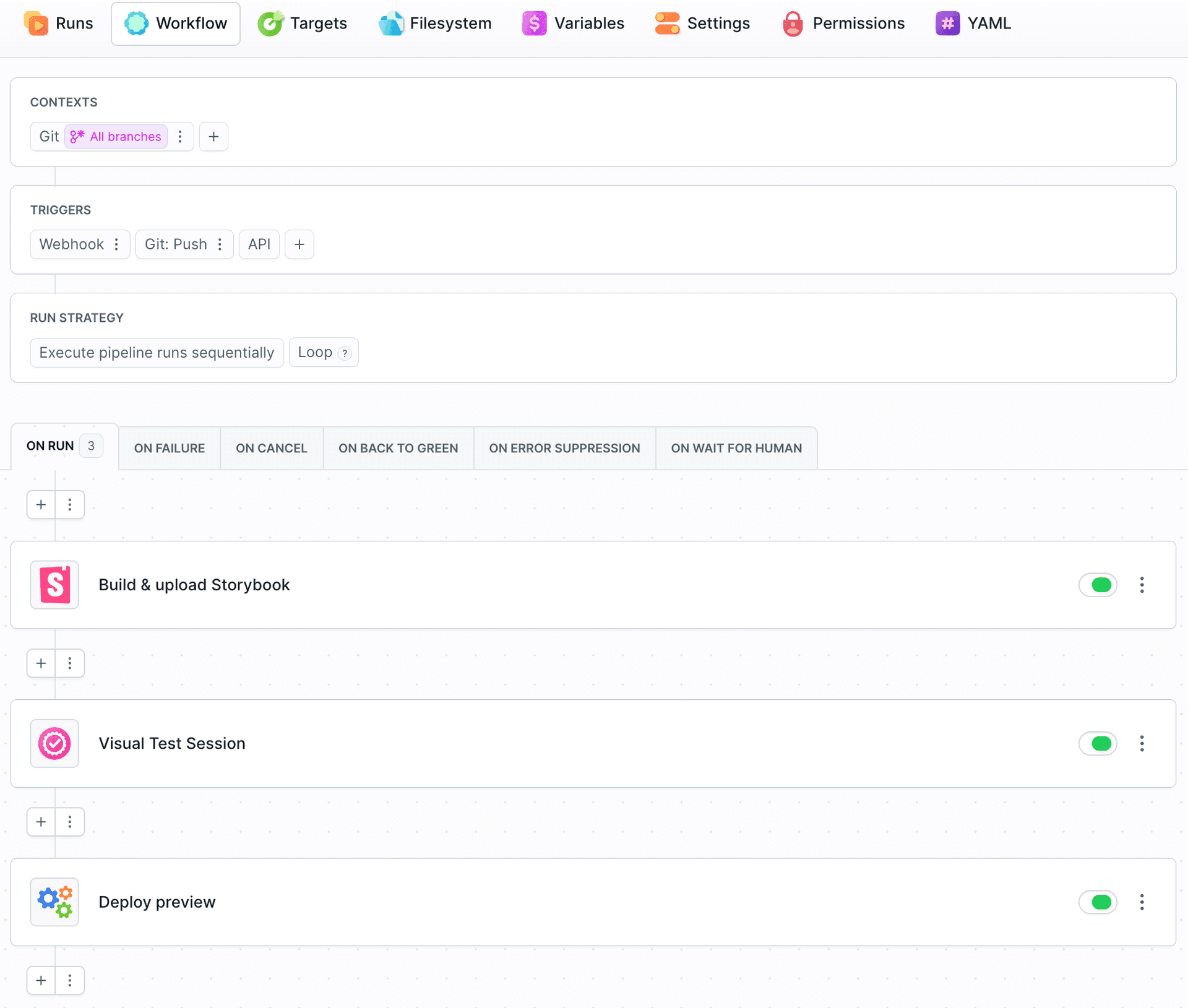 The pipeline workflow with the Storybook action, the Visual Test Session gate, and the delivery actions behind it