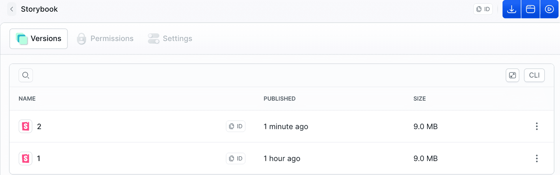 The Storybook artifact in the project, with one version per tested upload