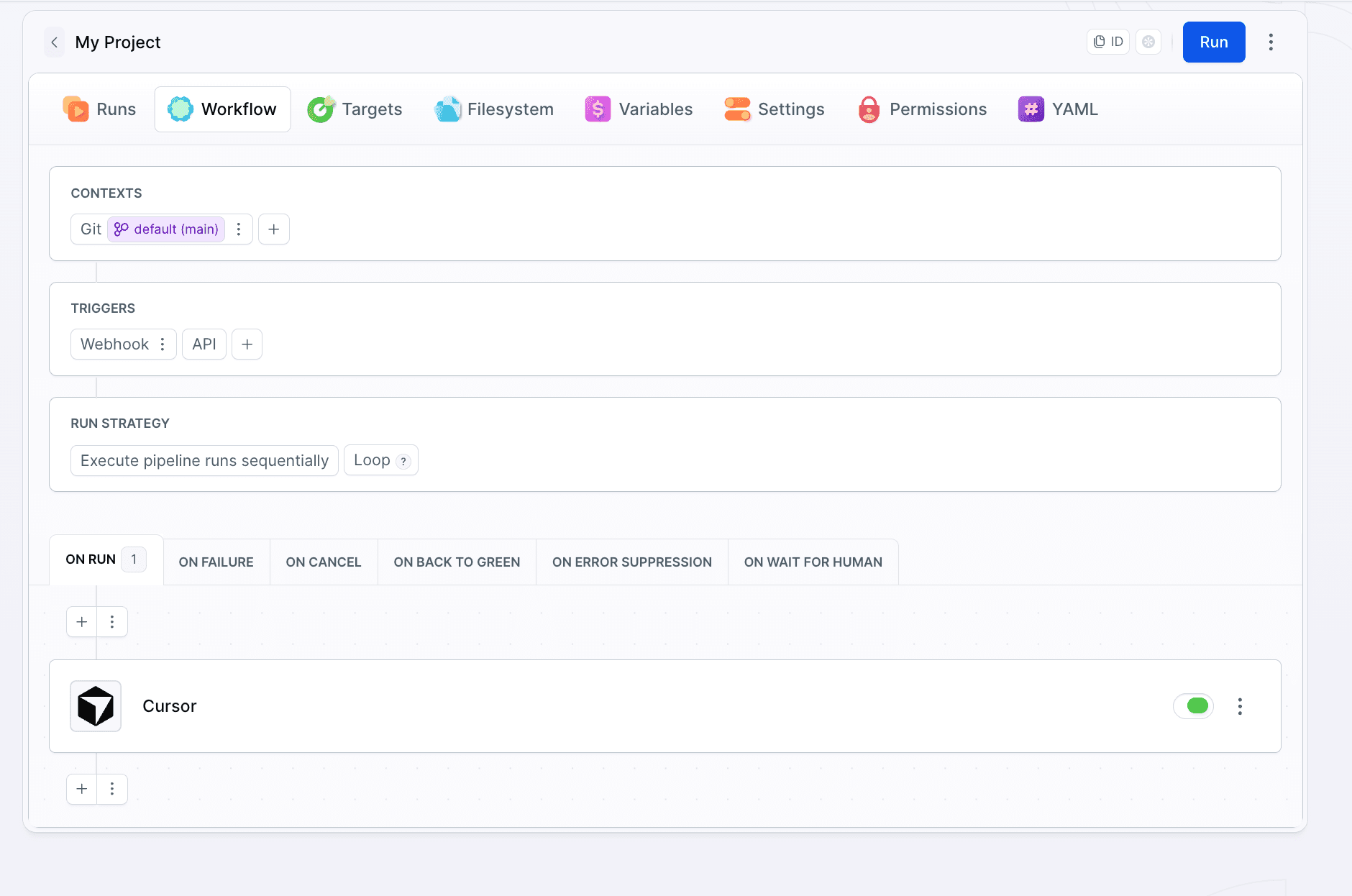 Cursor action added to a pipeline