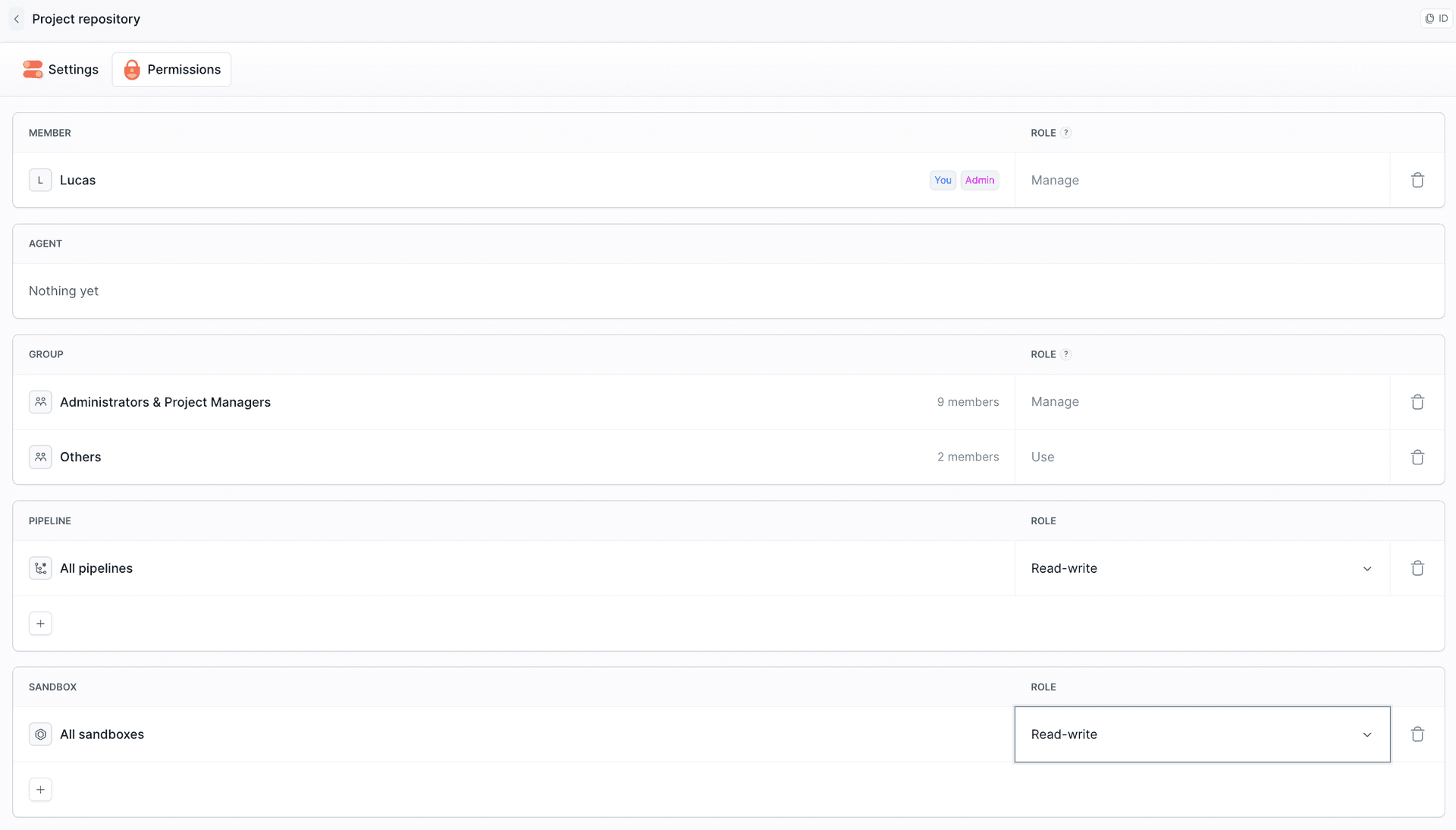 Project repository target - Permissions tab