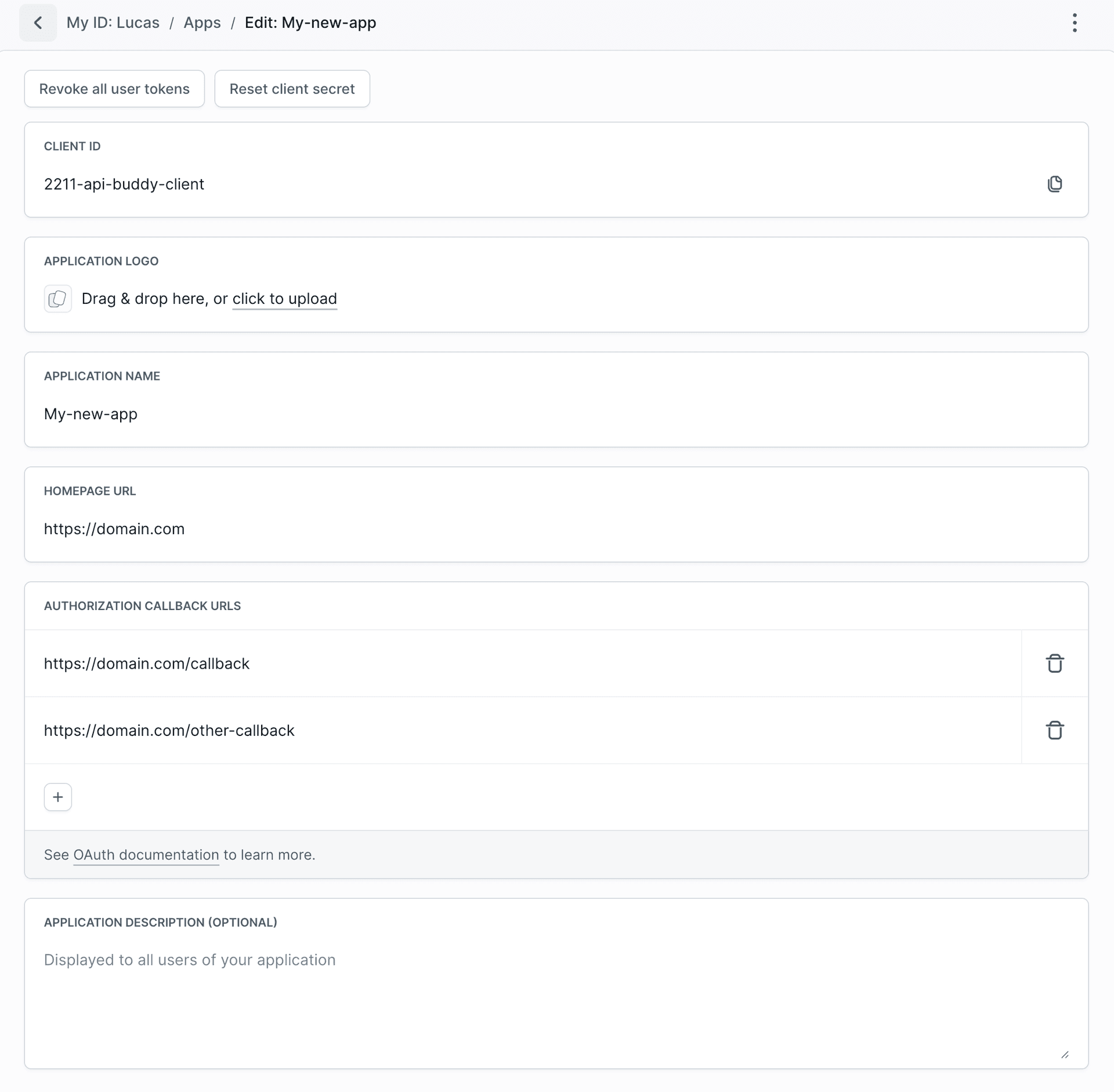 OAuth app view with client secret reveal modal
