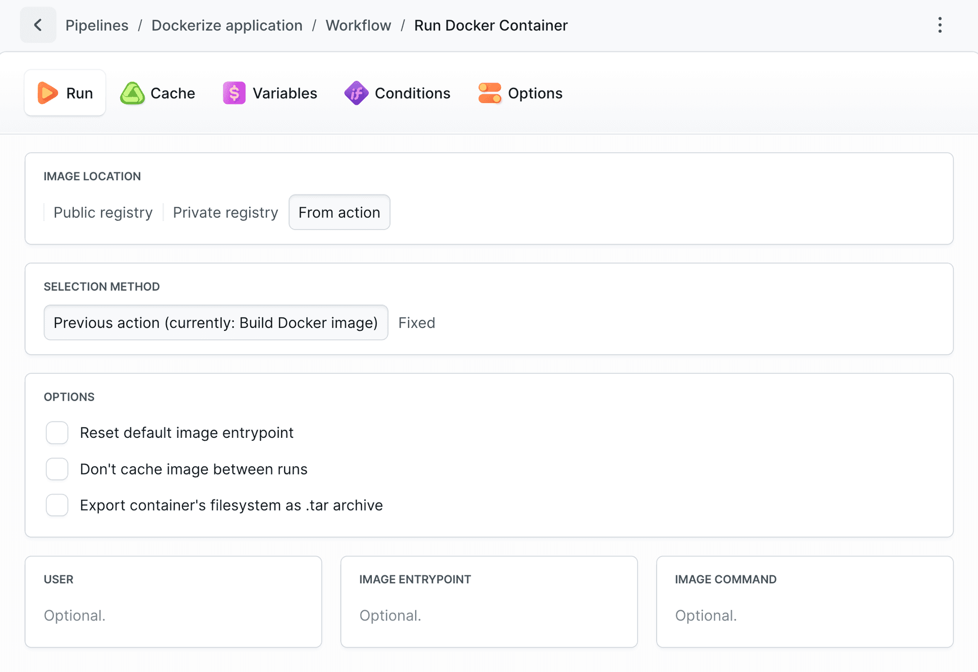 Run Image action configuration