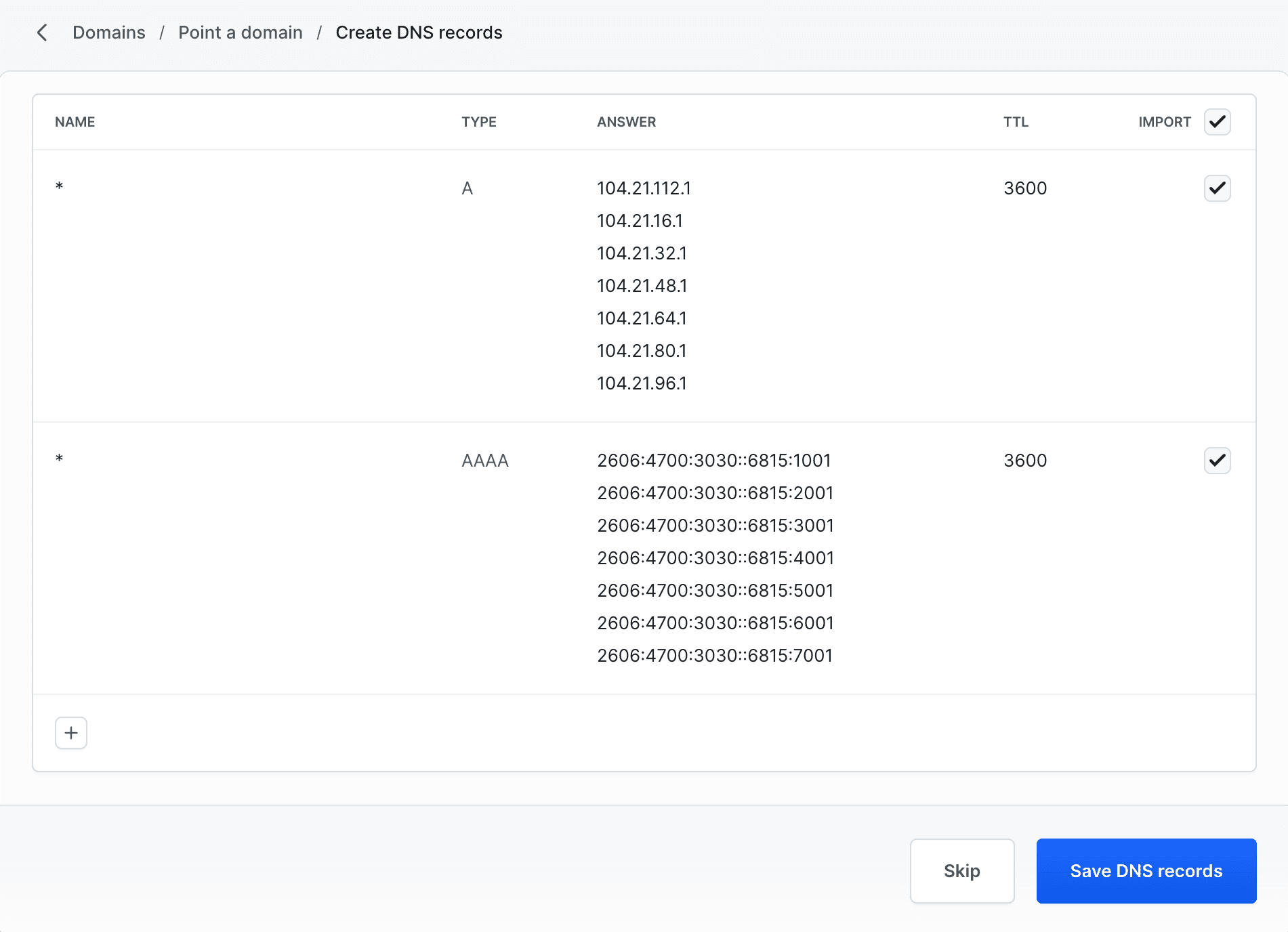 DNS records configuration