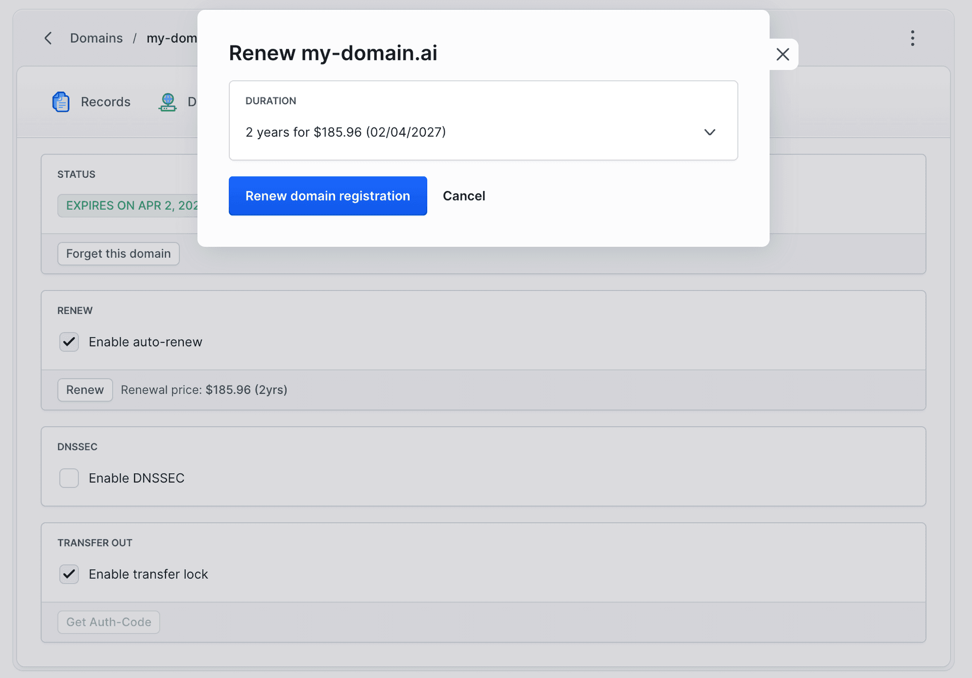 Renewing a domain