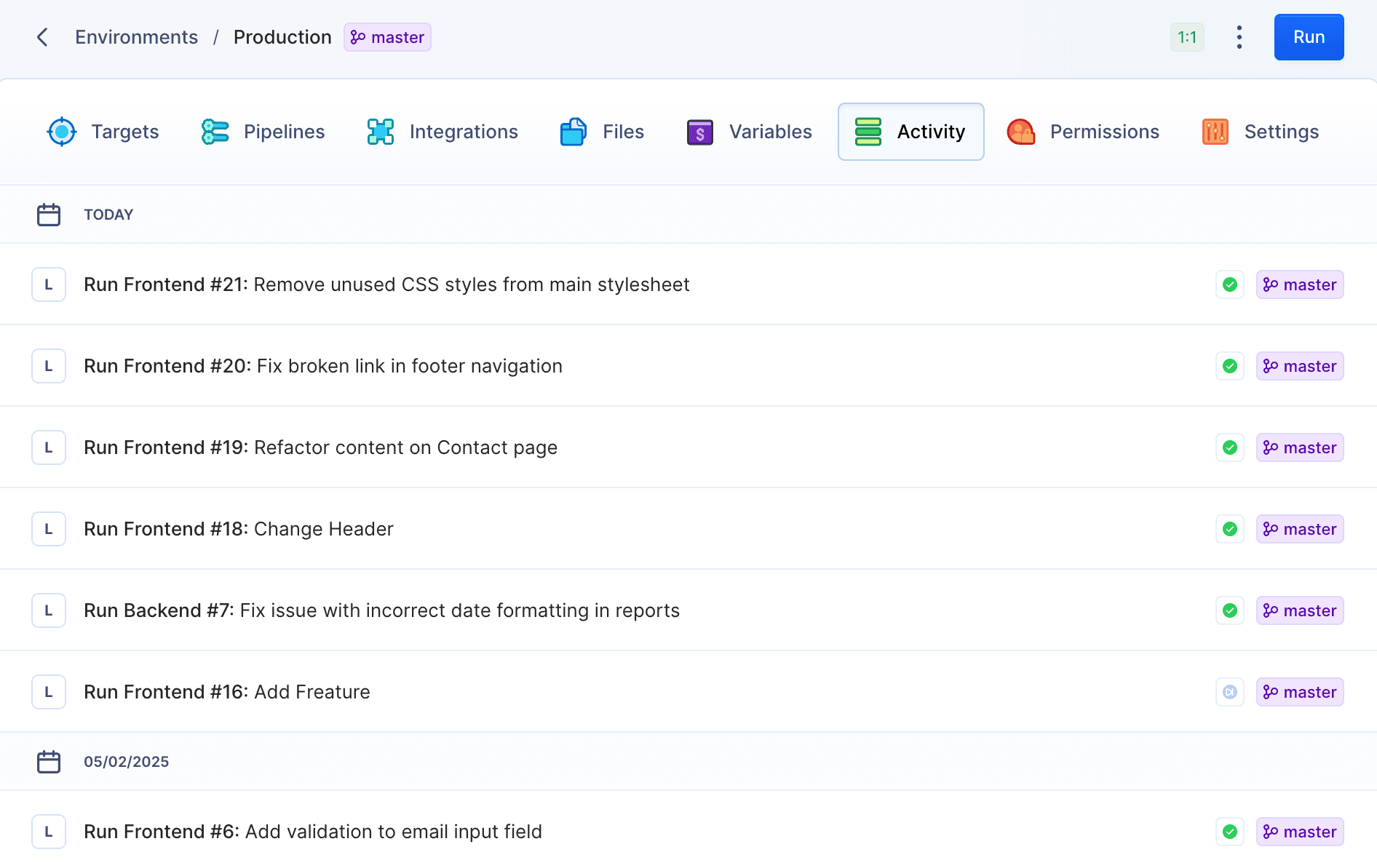 Environment activity tab