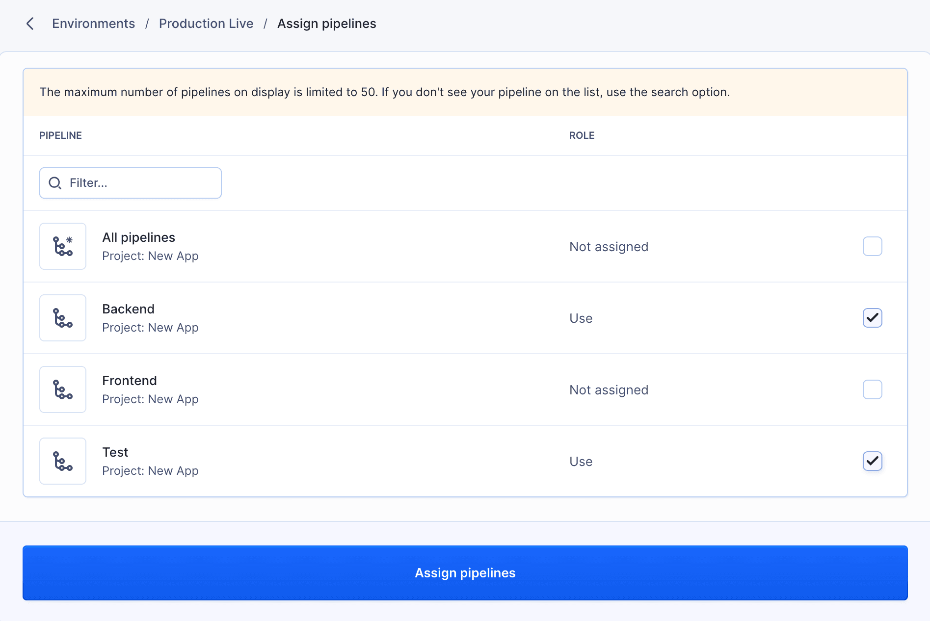 Assign Pipelines to Environment