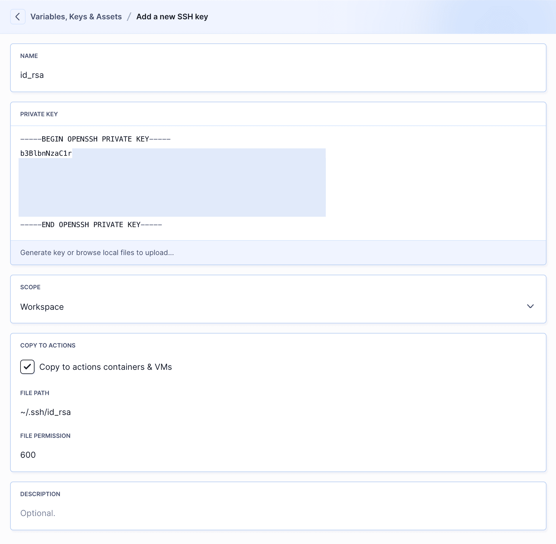 Adding SSH key as workspace environment variable