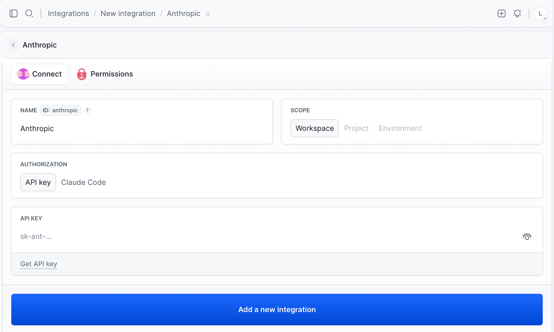 Anthropic integration configuration with API key authorization