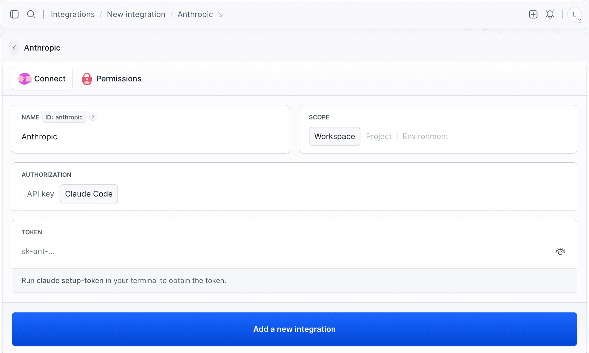 Anthropic integration configuration with Claude Code authorization