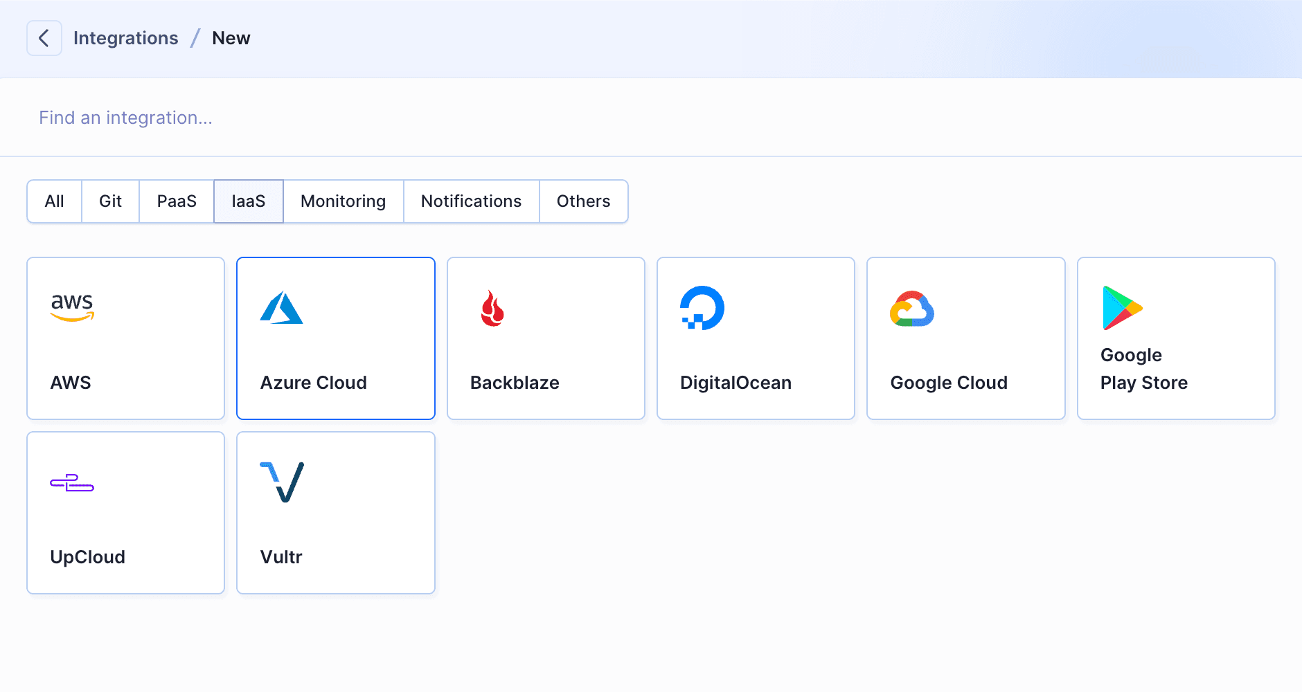 Azure Cloud integration selection