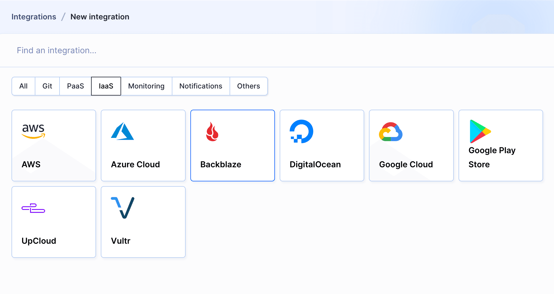 Backblaze integration selection