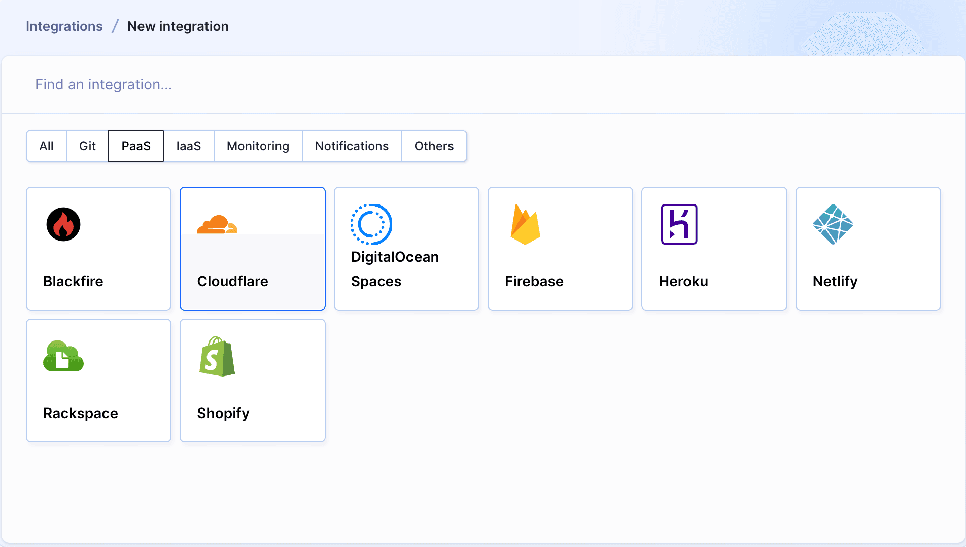 Cloudflare integration selection