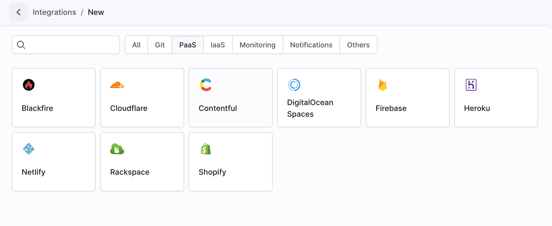 Selecting Contentful from integrations list in PaaS category
