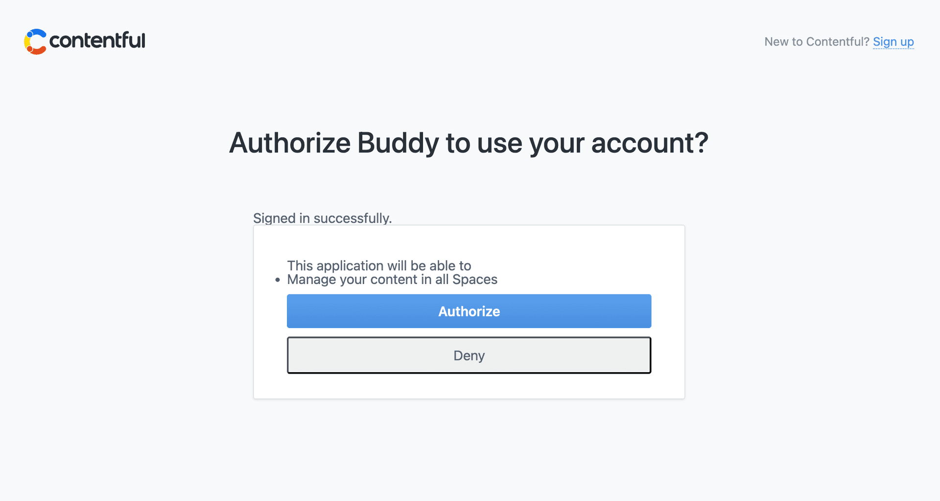 Contentful authorization confirmation page asking to authorize Buddy