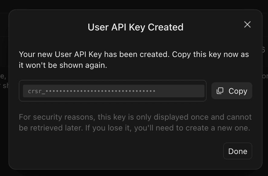 User API Key Created window in the Cursor dashboard