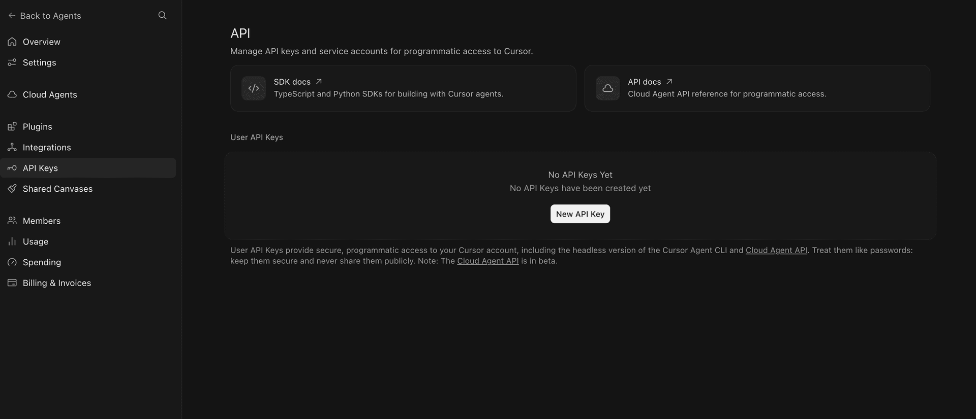 User API Keys section in the Cursor dashboard