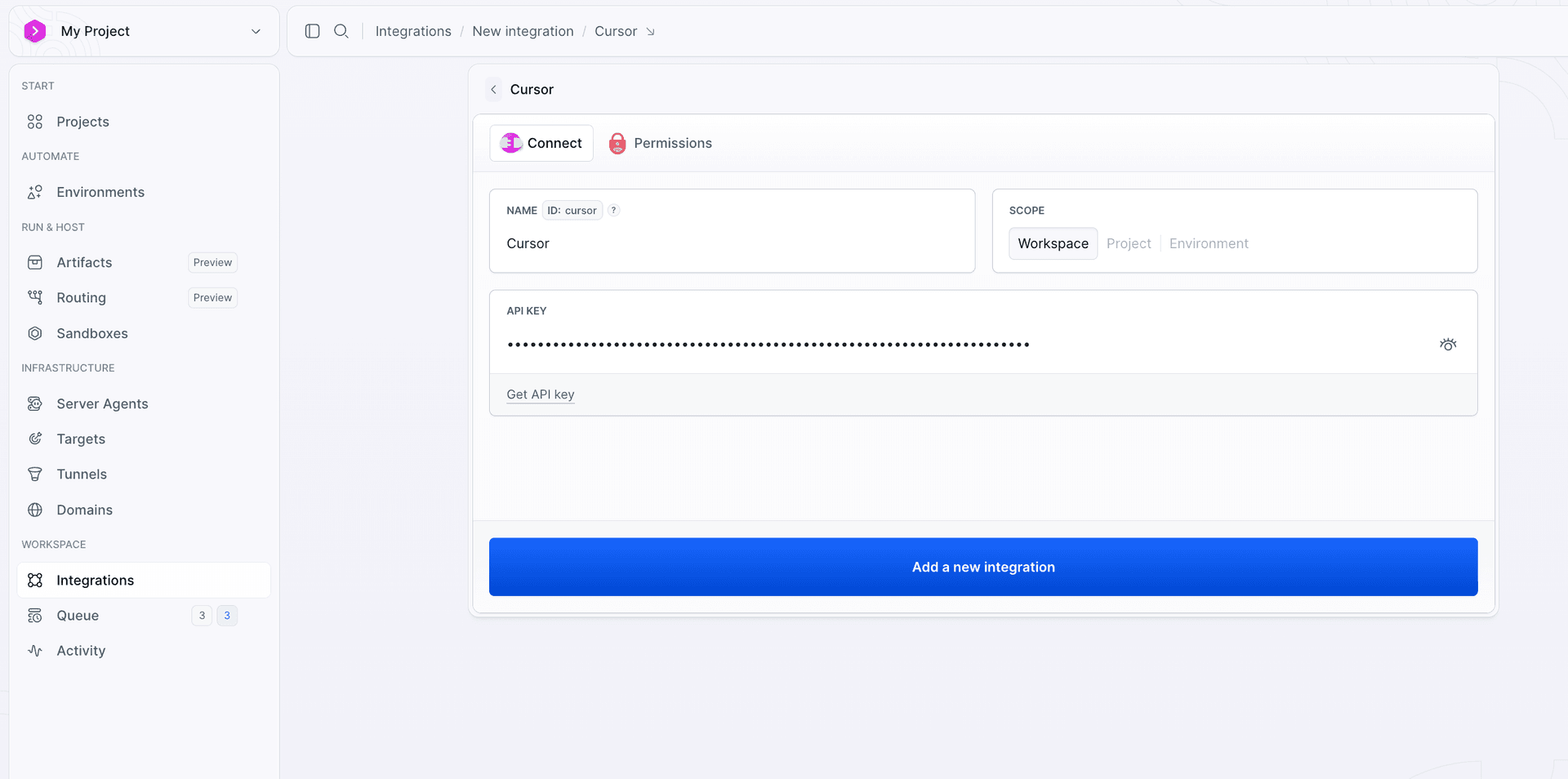 Cursor integration with the API key filled in