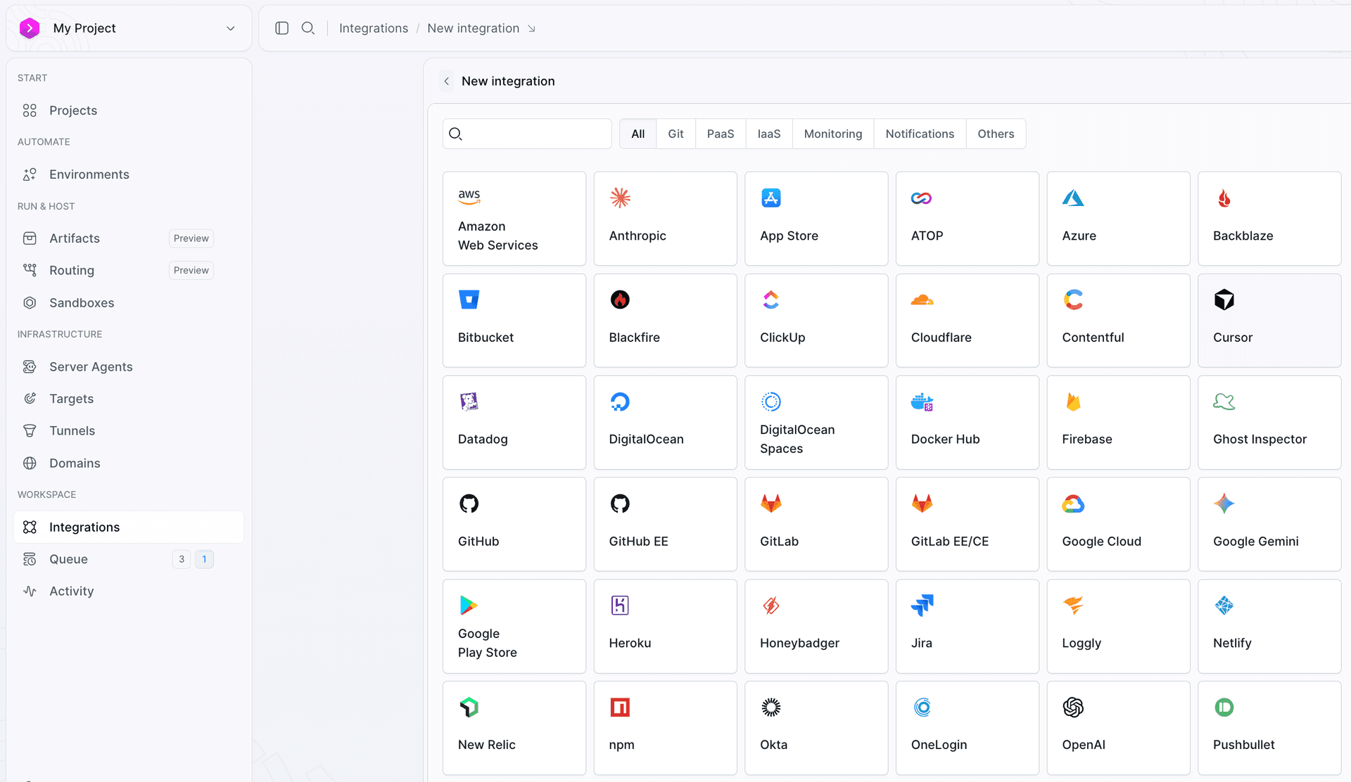 Cursor on the list of available integrations