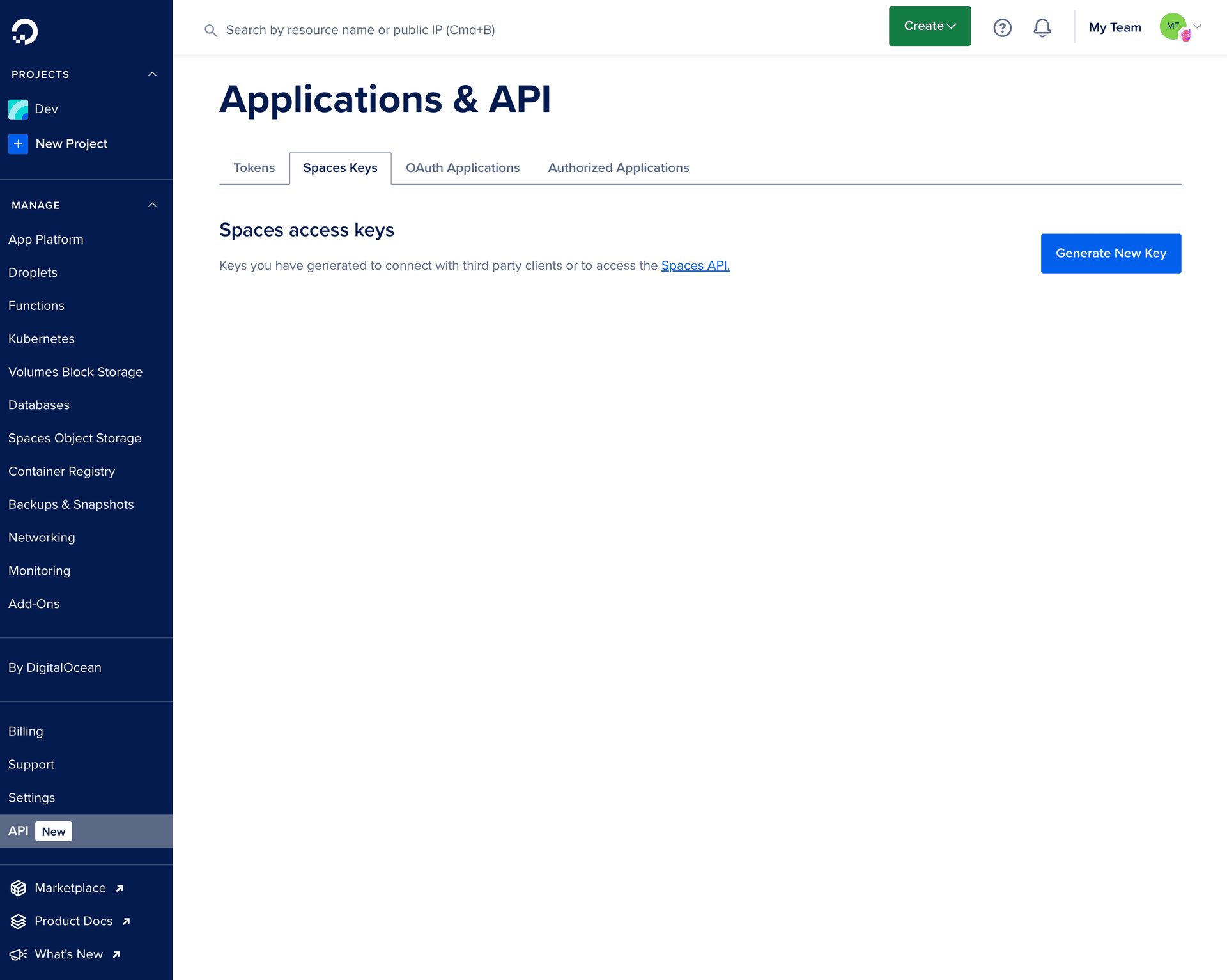 Creating Spaces access keys in DigitalOcean