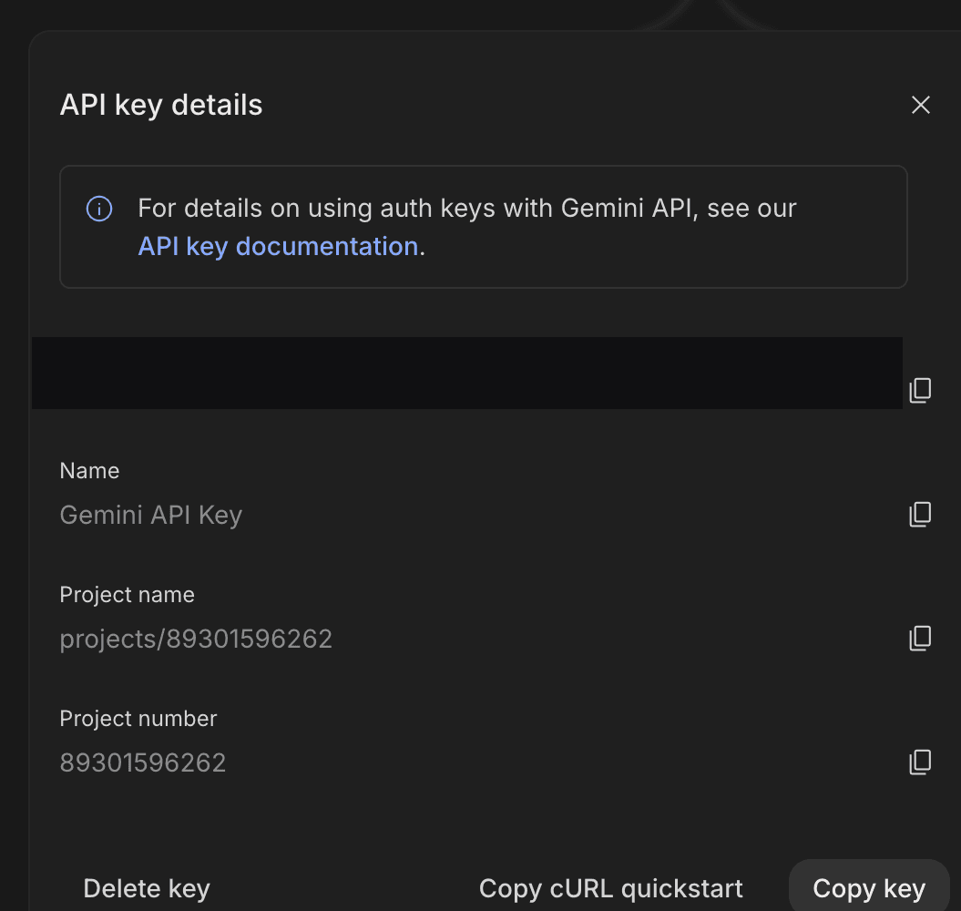 API key details in Google AI Studio