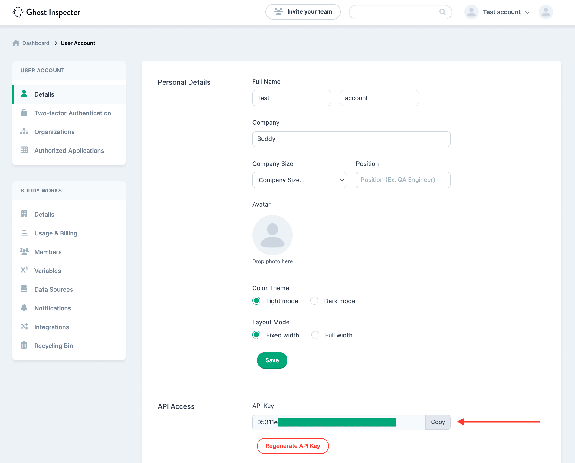 API Key location in Ghost Inspector account