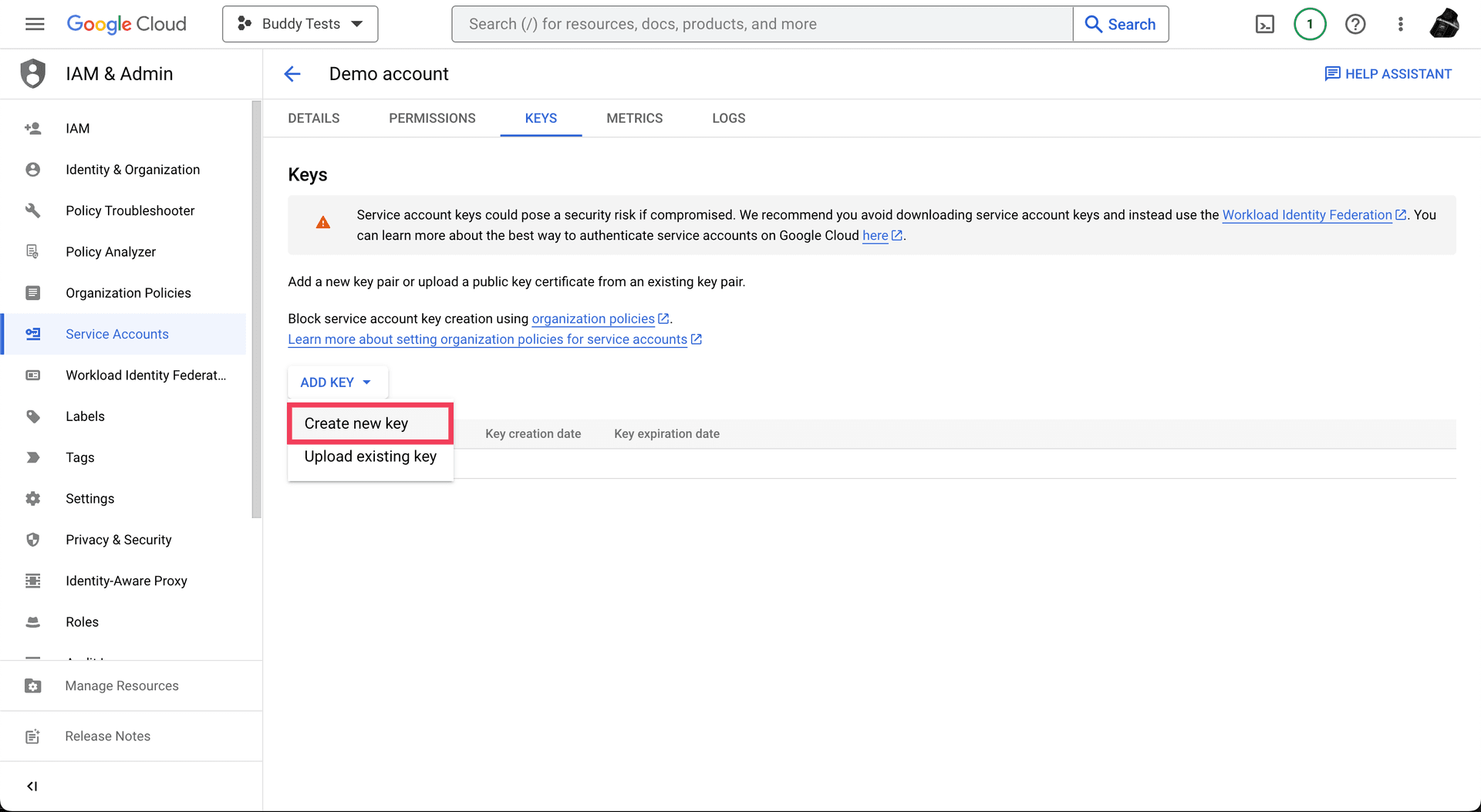 Keys tab in Google Cloud