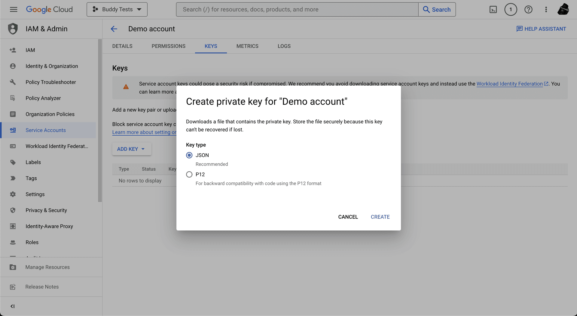 Service account key creation