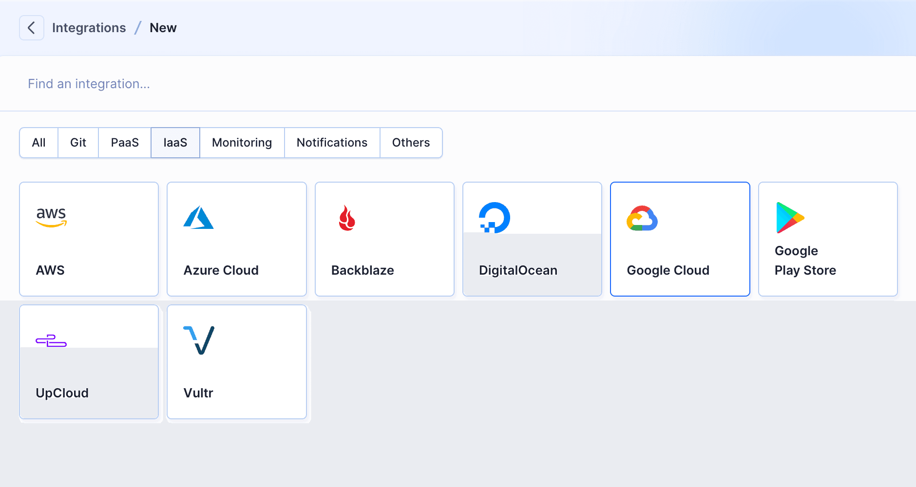 Google Cloud integration selection