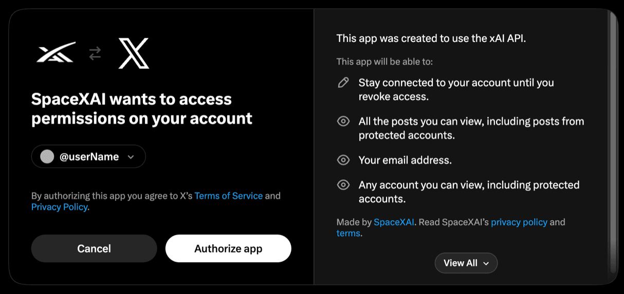 Authorizing the xAI console with an X account
