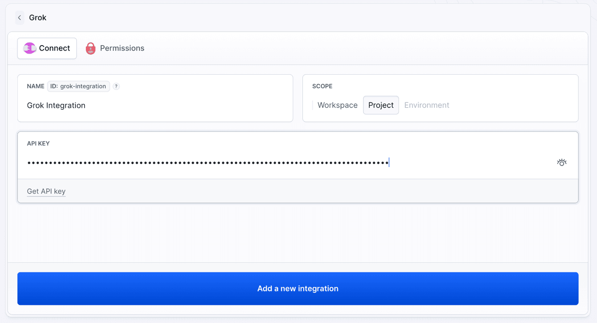 Grok integration configuration with the API key