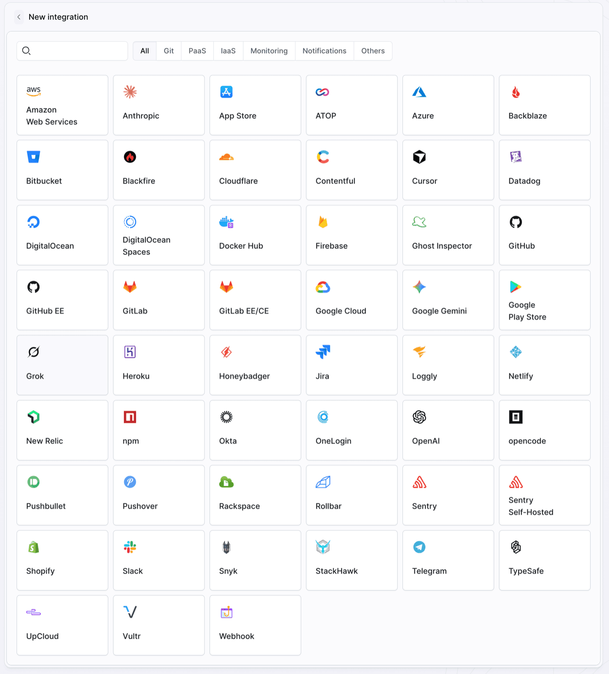 Grok on the list of available integrations
