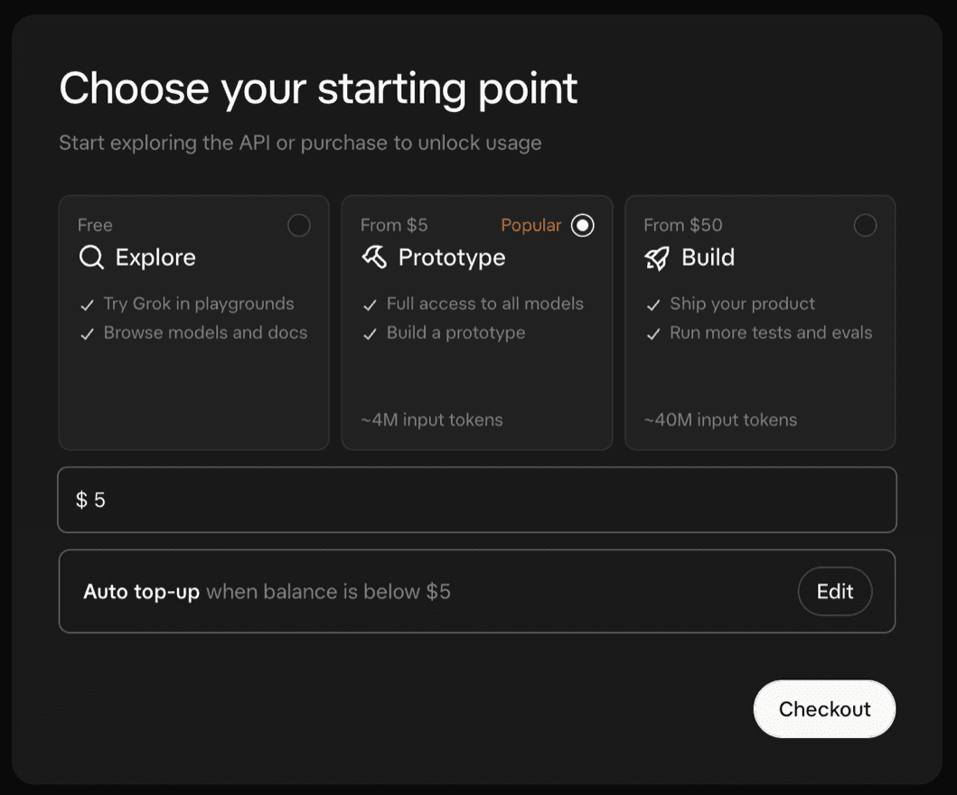 Picking a starting plan in the xAI console
