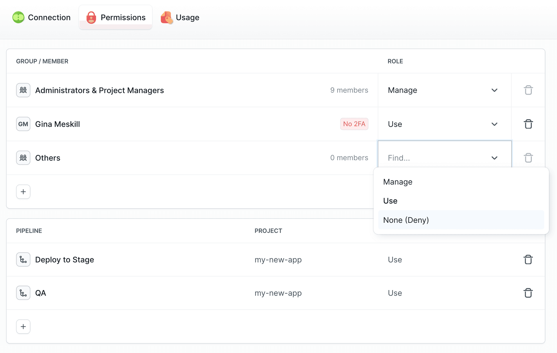 Permissions tab in integration