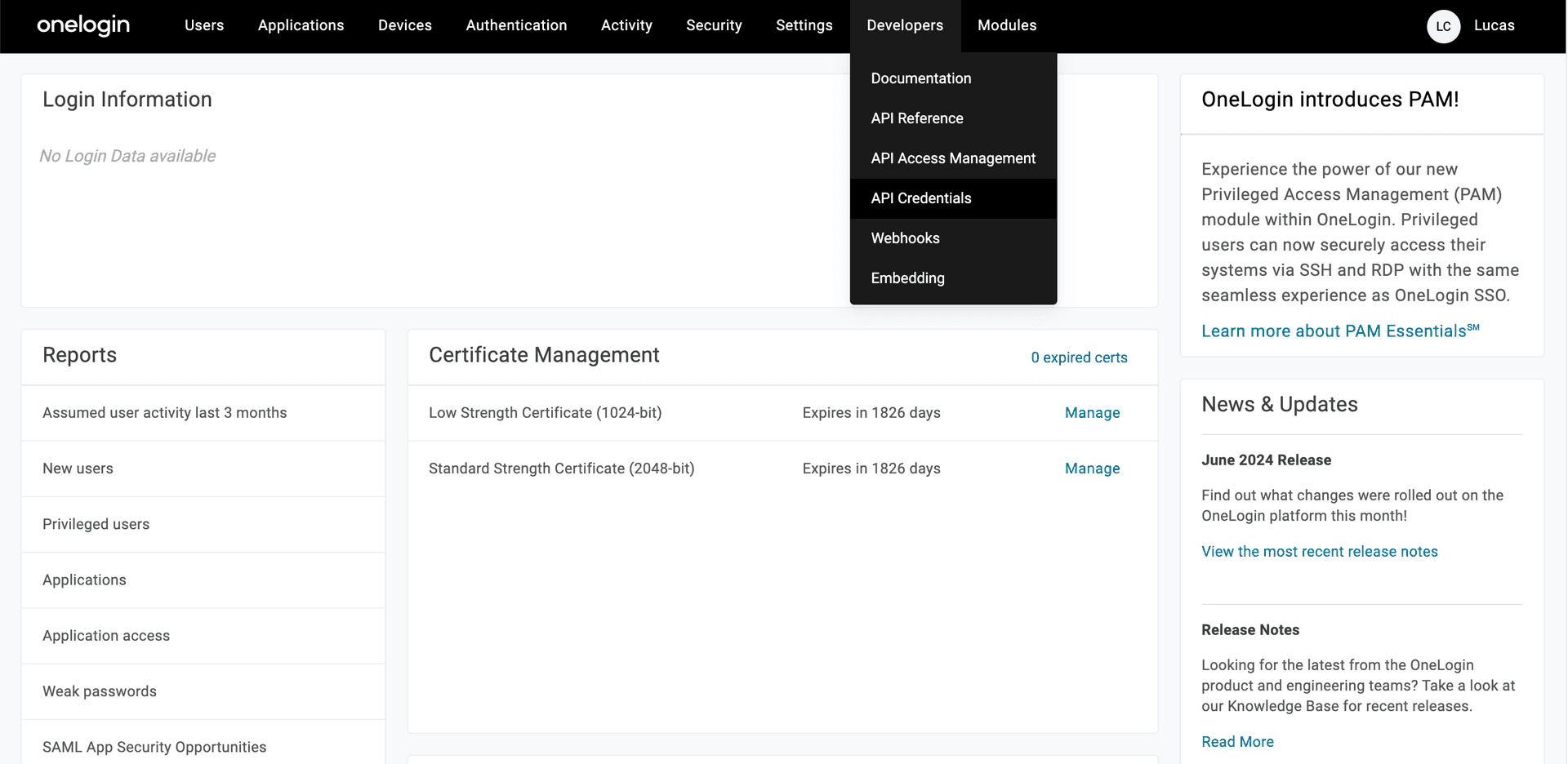 API Credentials location in OneLogin