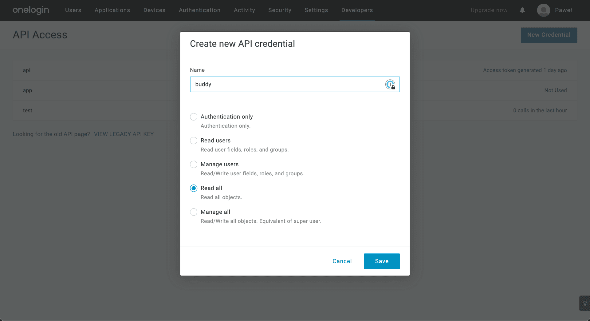 Creating OneLogin API credentials