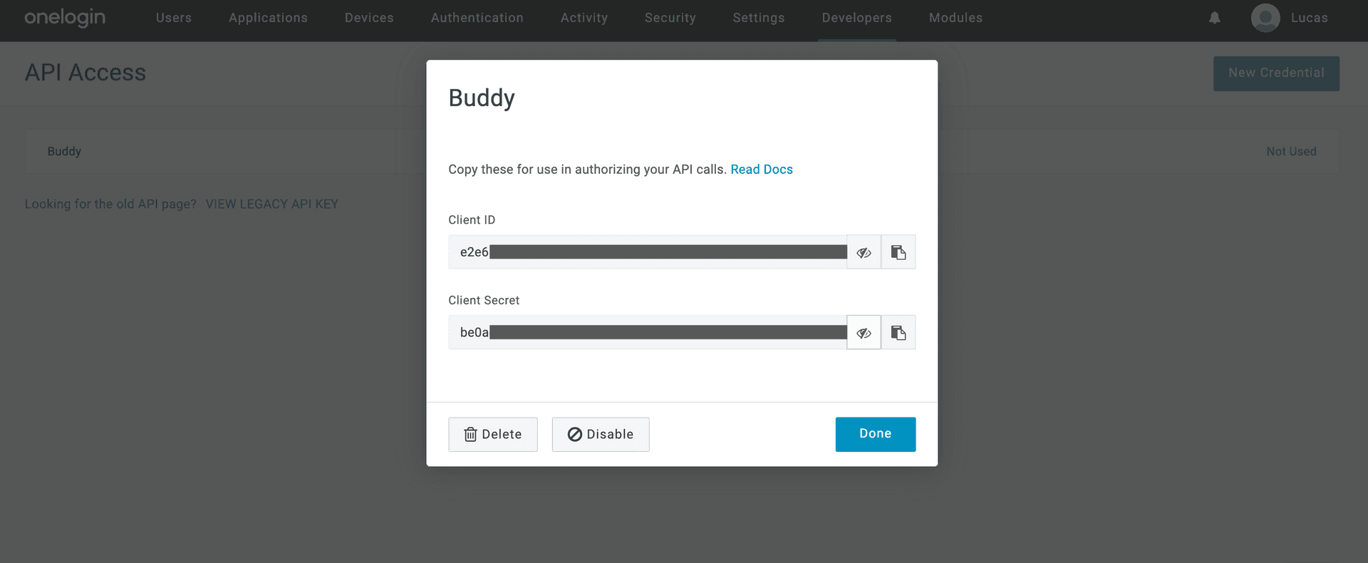 Generated API credentials