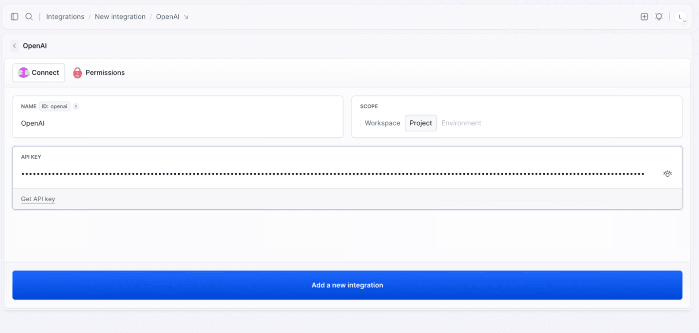 OpenAI integration configuration with API key authorization