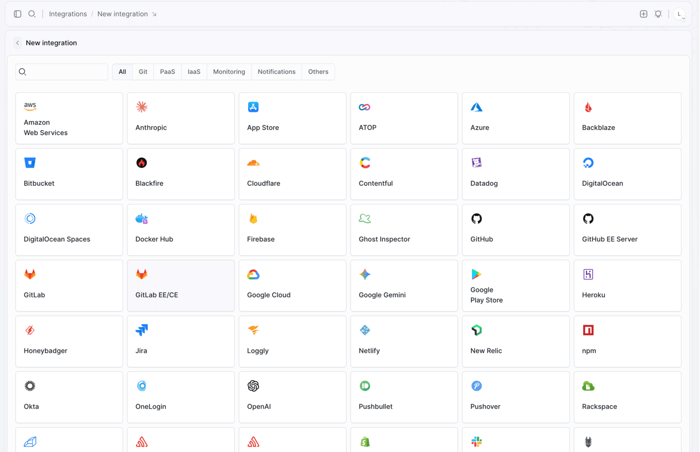 OpenAI on the list of available integrations