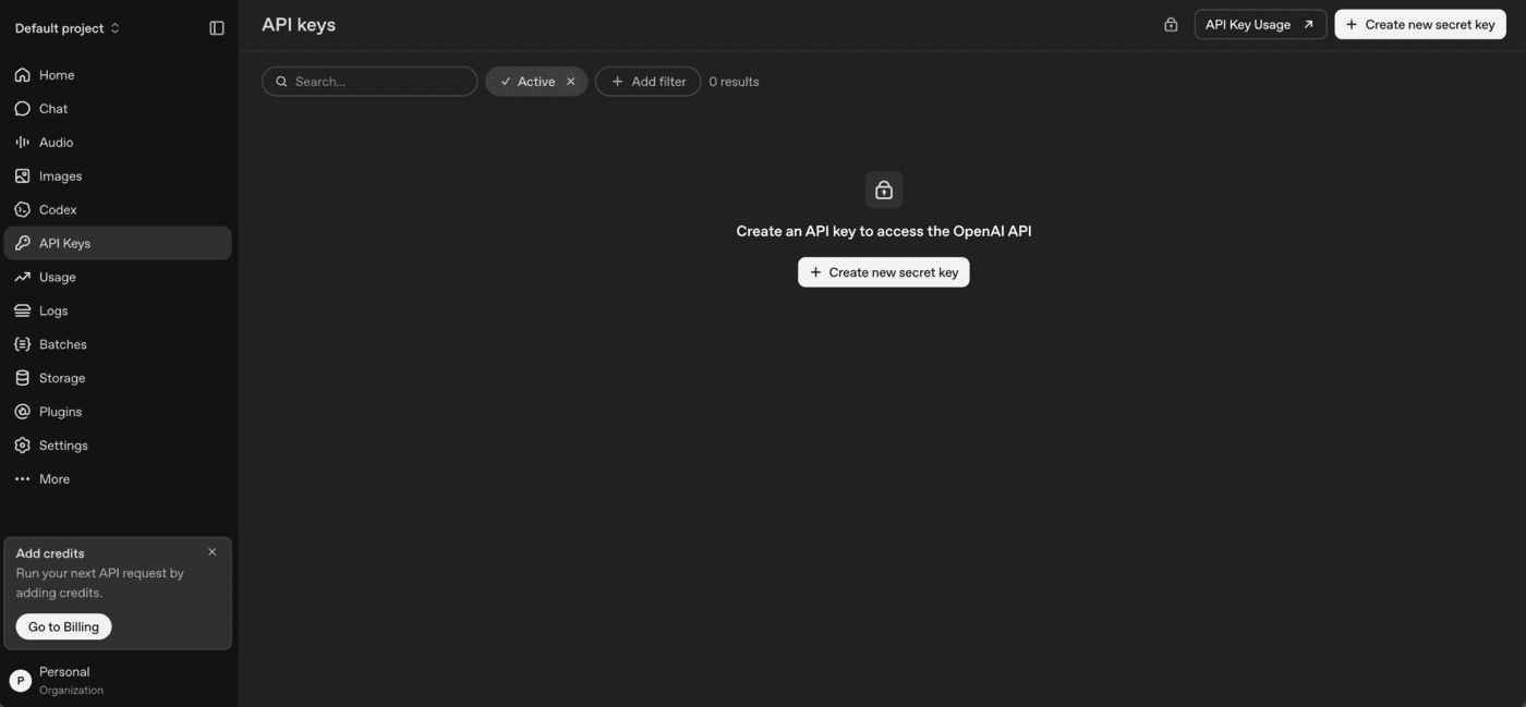 API keys section in the OpenAI platform