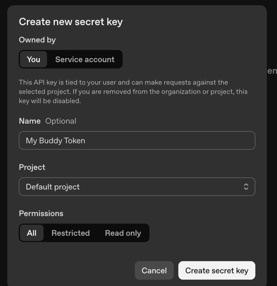 Creating a new secret key in the OpenAI platform
